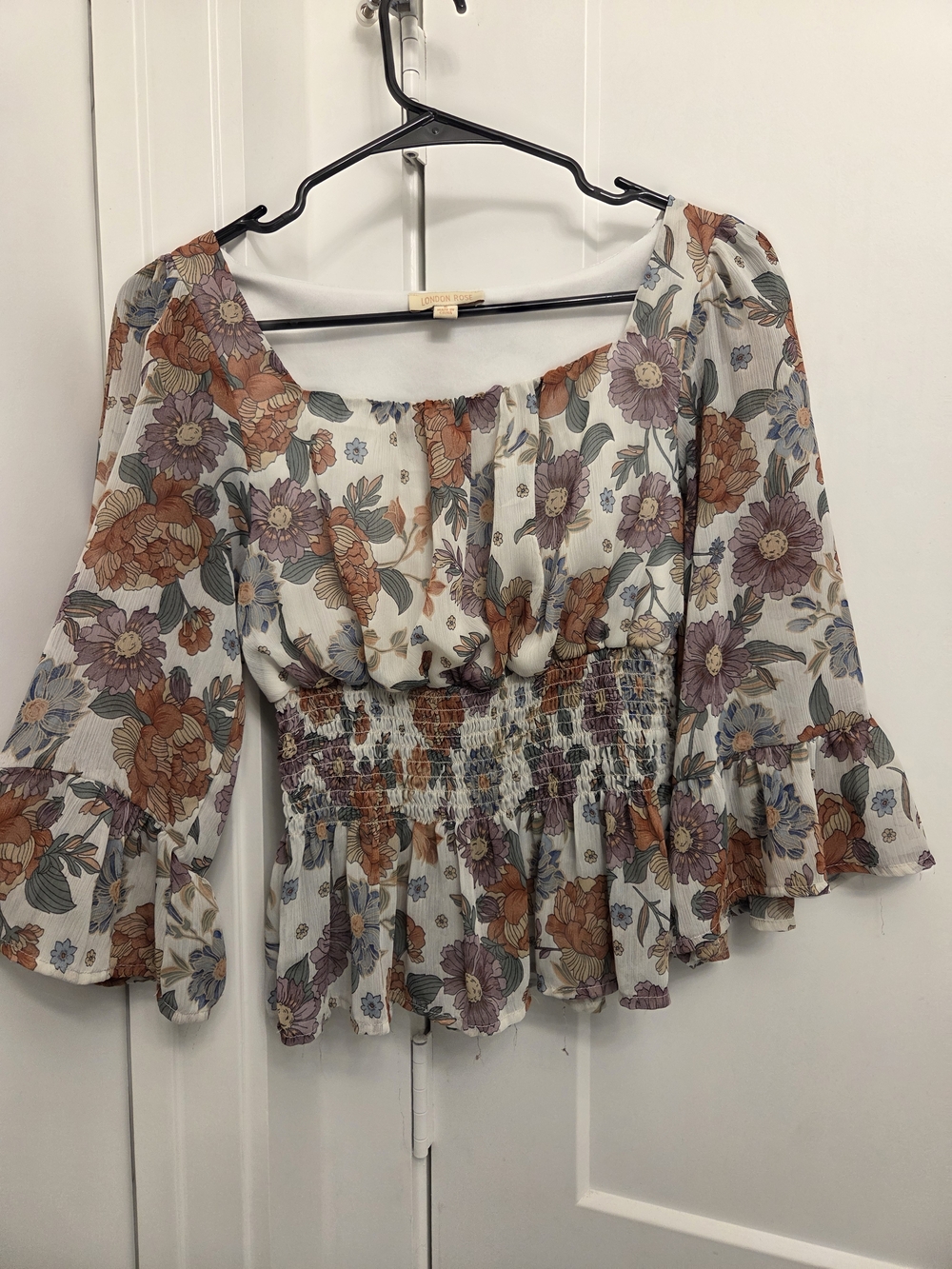 Floral Peasant Blouse - White with Rust & Lavender Flowers